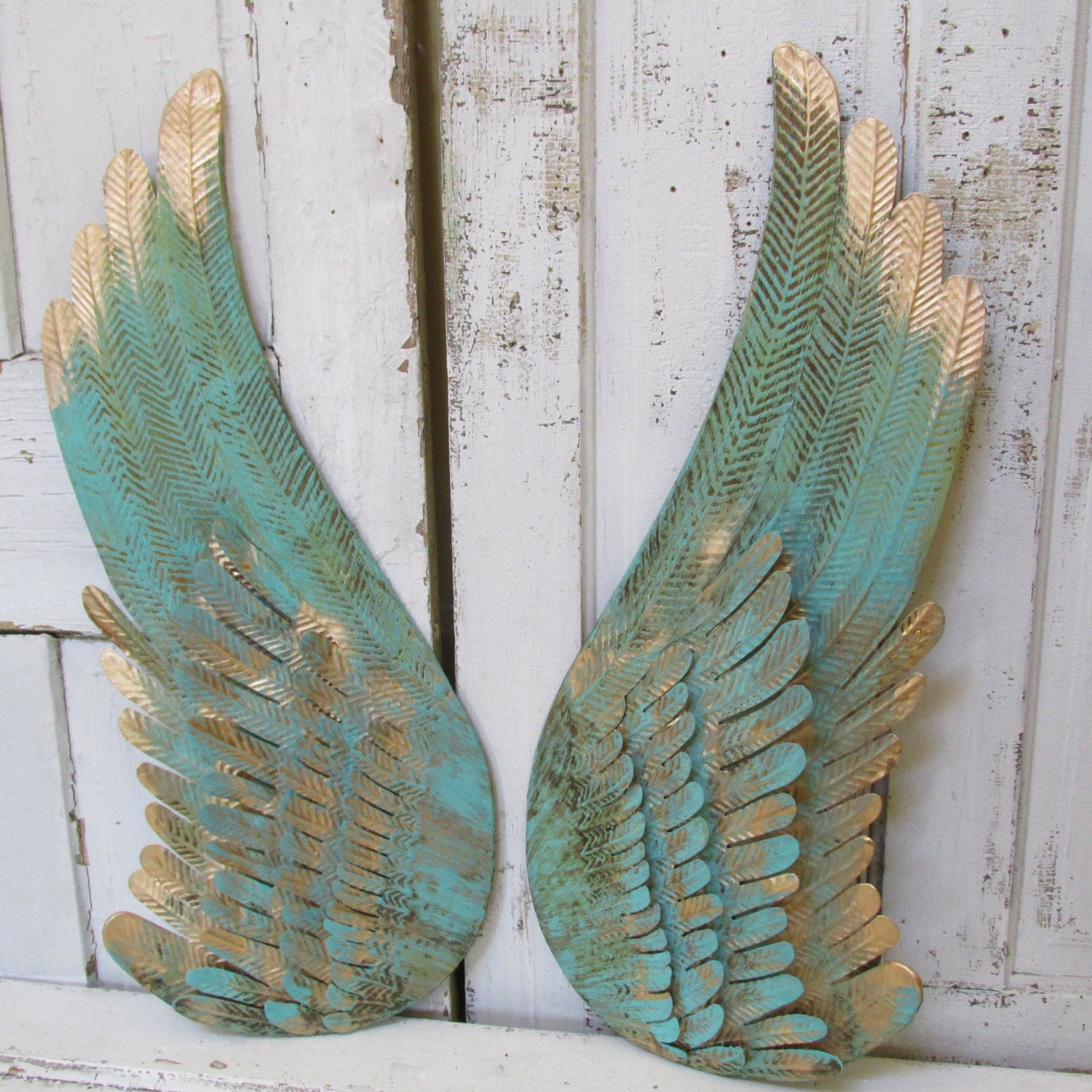 Angel wings turquoise distressed metal wall decor rusted