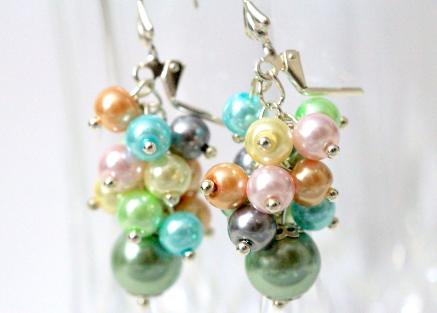 Pearl Earrings Cluster Earrings Pastel by LittleDesirezJewelry