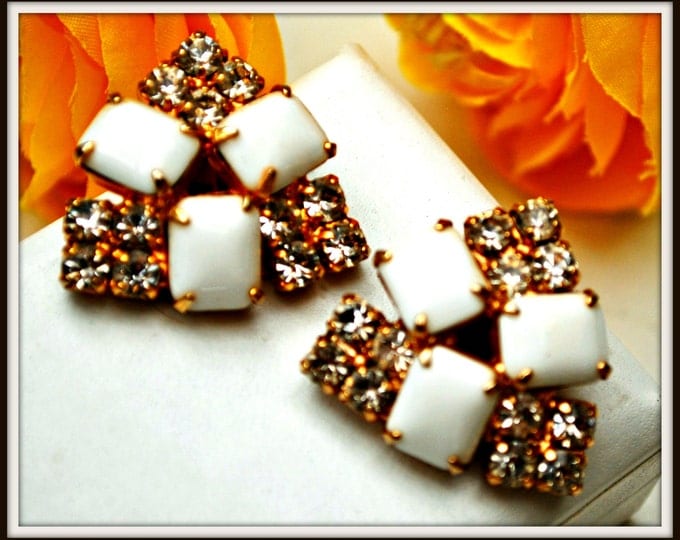 Rhinestone Clip on Earrings - White Milk glass - Mid century