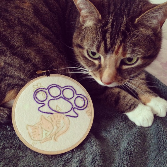 Cat with Brass Knuckles Embroidery Hoop Cute by StitchCulture