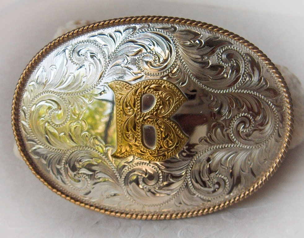 Belt buckle Montana silversmiths Silver gold initial B Rope