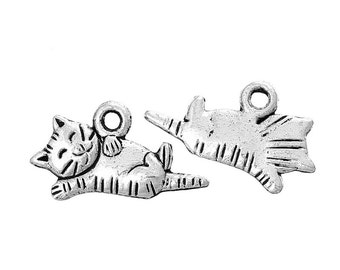 10 pieces Antique Silver Napping Cat Charms
