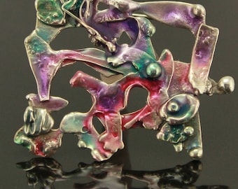 Handmade Underwater Fantasy Fused and Enameled Sterling Silver Brooch or Necklace With Free Handmade Pouch