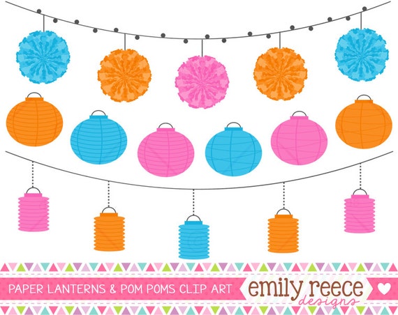 50% Off Sale - Paper Lanterns Pom Poms Summer Banner Cute Clip Art - Commercial Use - Scrapbooking Invitations Cards - Instant Download Il_570xn