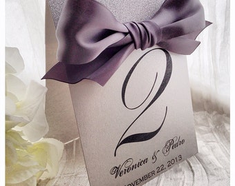 Silver Wedding Table numbers, silver table numbers, silver table number with bow, wedding table numbers