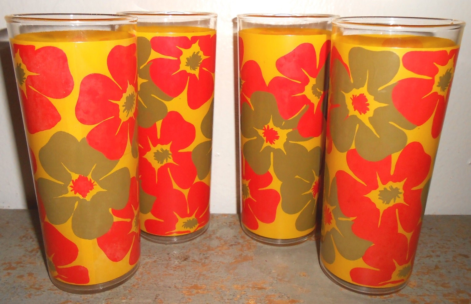 Vintage Drinking Glasses Retro Glassware Flowers Yellow