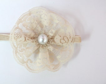 Flower Baby Headband, Pearl Baby Headband, Lace Flower Headband, tan Headband, Baby Girls headband, Birthdays, Photo Prop, infant accessory
