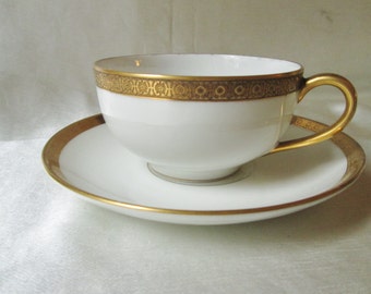 Antique Limoges Classic White Porcelain with Gold Trim Tea Cup and Saucer. Mothers Day Gift, Fathers Day Gift, Wedding Gift, Christmas Gift