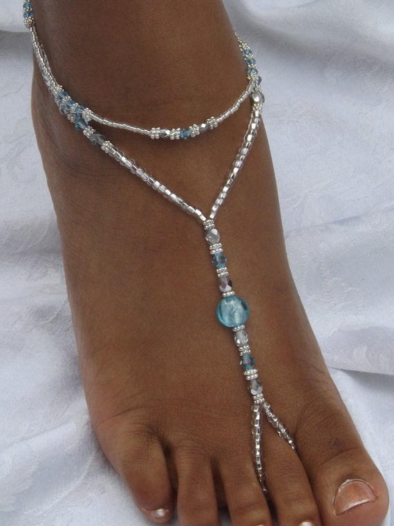 Blue Wedding Foot Jewelry Silver Beach Wedding Barefoot Sandal ...