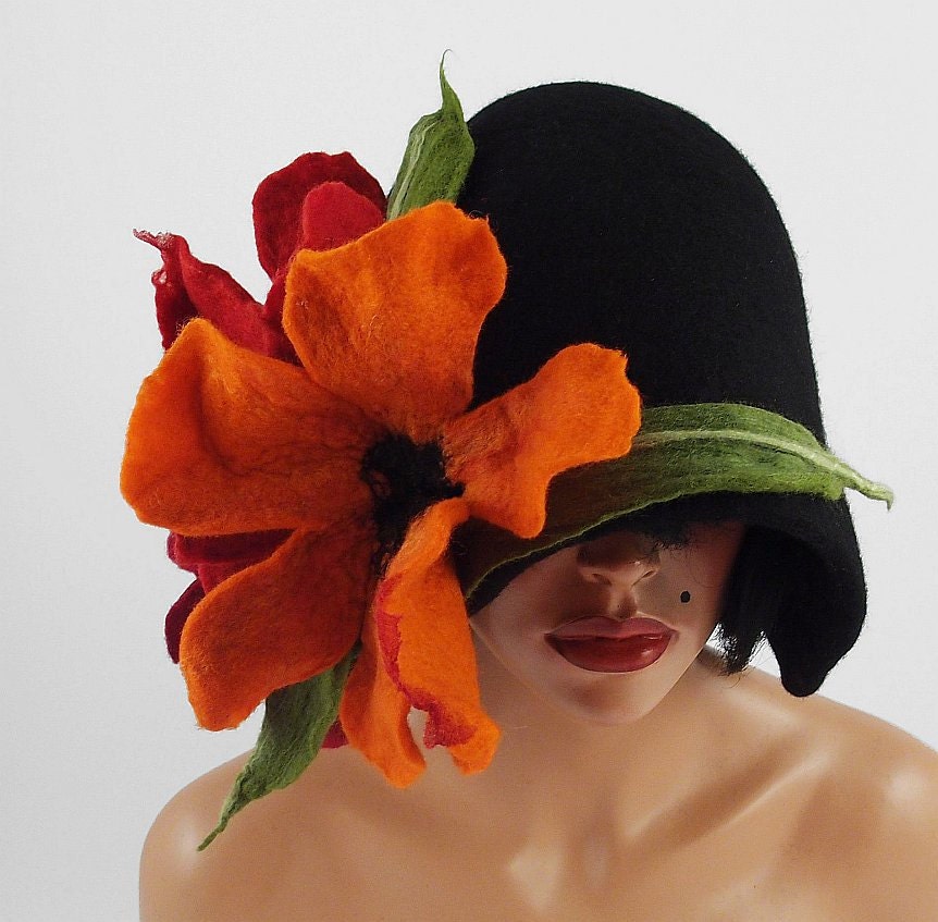 Flower Hat Felted Hat Cloche Hat Black Hat Flapper hat by filcant