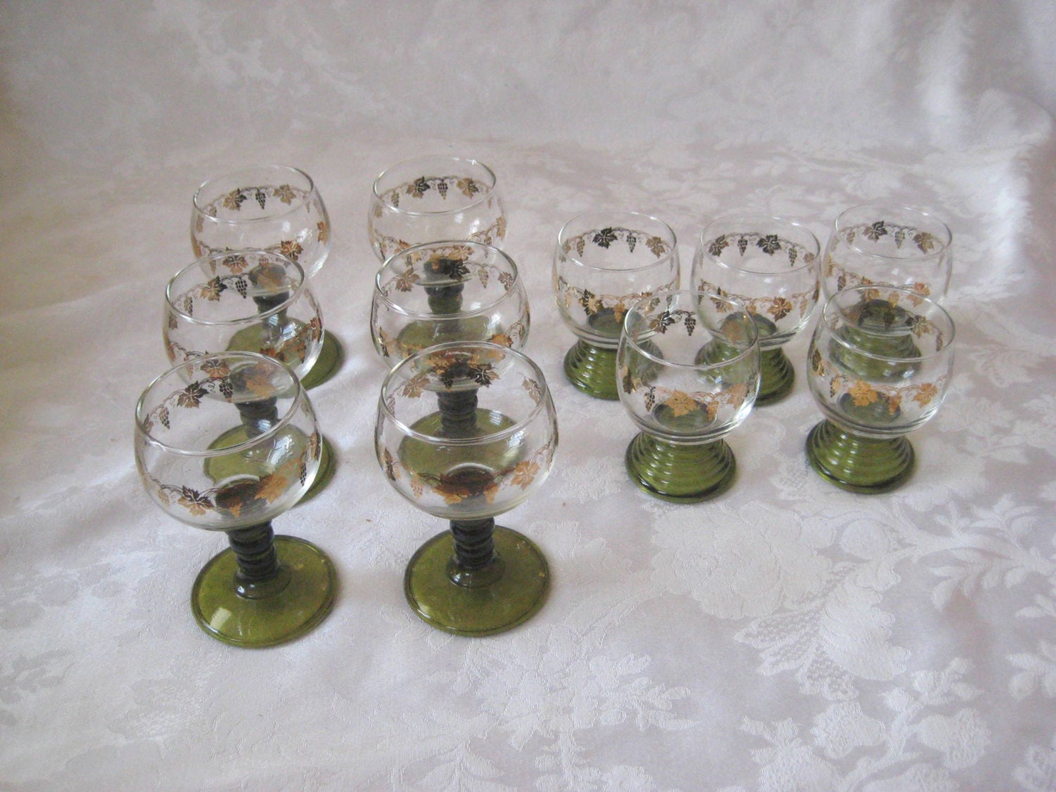 Olive green wine glasses with gold trim, cordial glasses, Set of bar