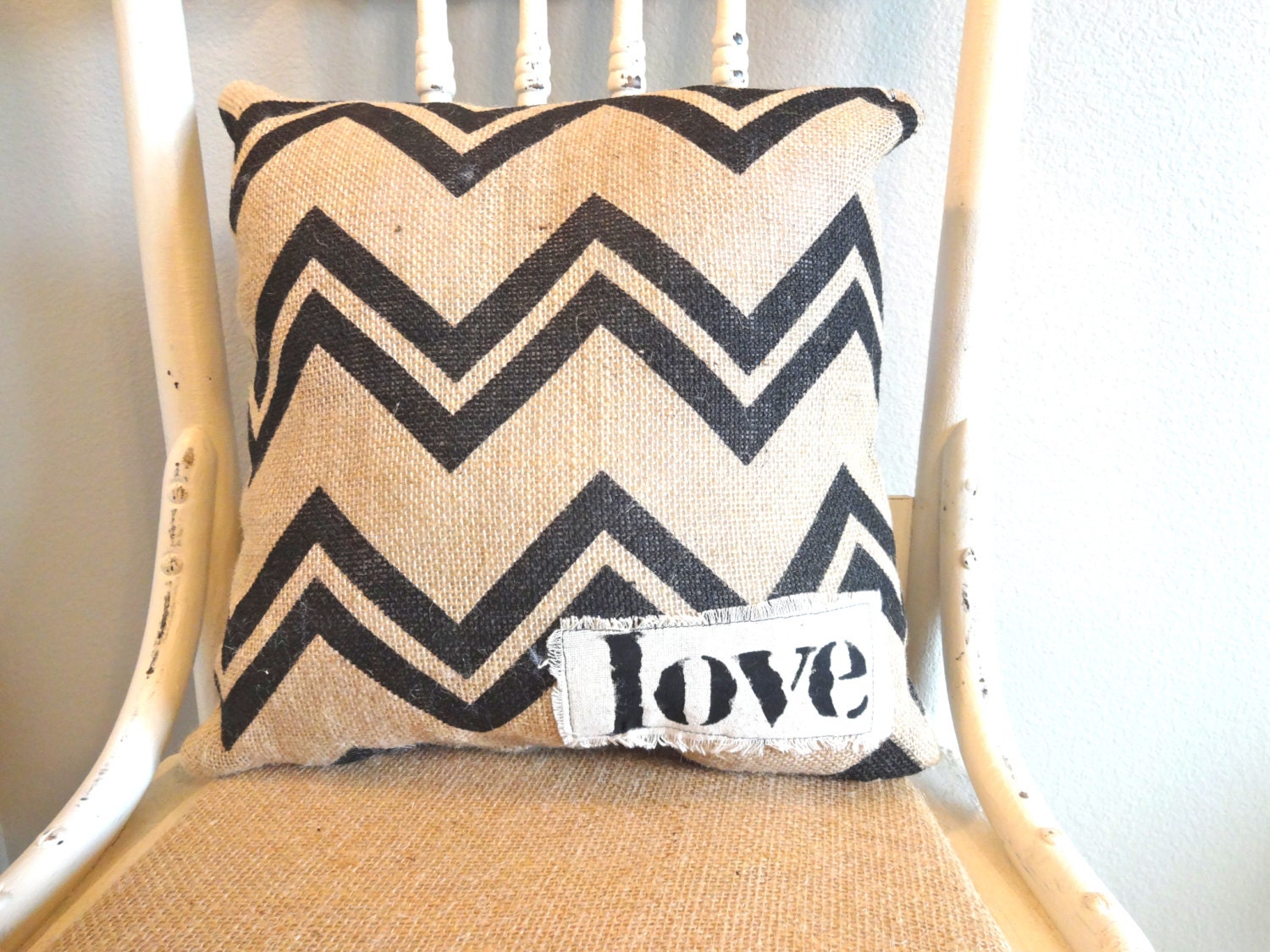 Black Chevron Burlap Pillow