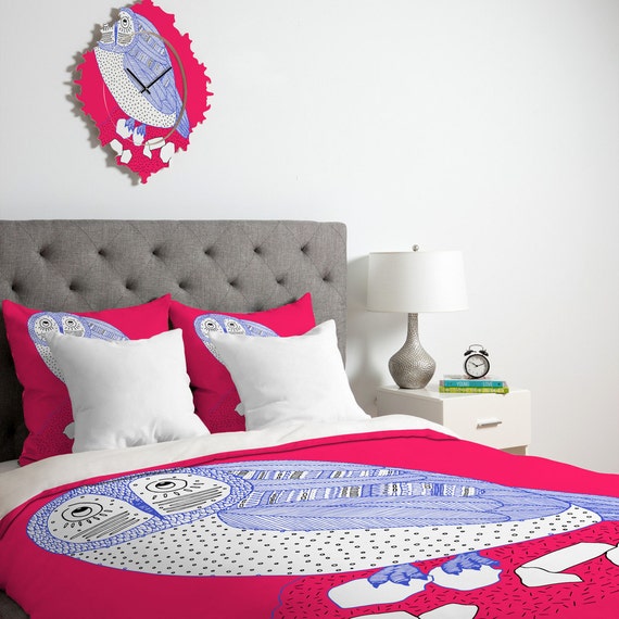Pink & Blue Owl Duvet Cover / Twin King Queen Size Duvet