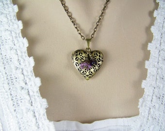 Heart Locket, Antique Gold Filigreed Locket, Lavender Flowers, Keepsake Locket, Wish Locket, Prayer Locket, Czech Flowers