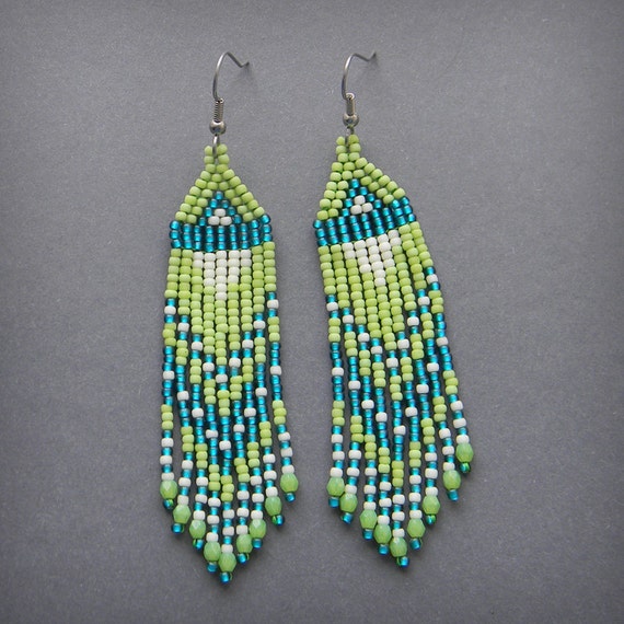 Long seed bead earrings lime green by Anabel27shop on Etsy