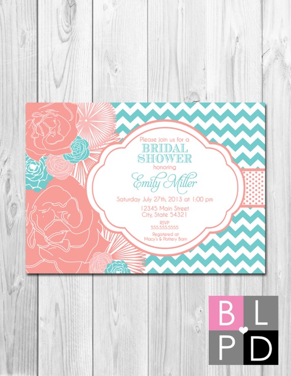 Bridal Shower, Birthday Party, Bachelorette Party, Engagement Party Invitation - Big Coral and Turquoise Blooms - DIY - Printable Il_570xn