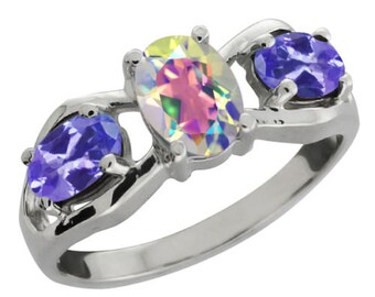 2 Ct Mercury Mist Mystic Topaz & Tanzanite Oval Ring .925 Sterling Silver Rhodium Finish