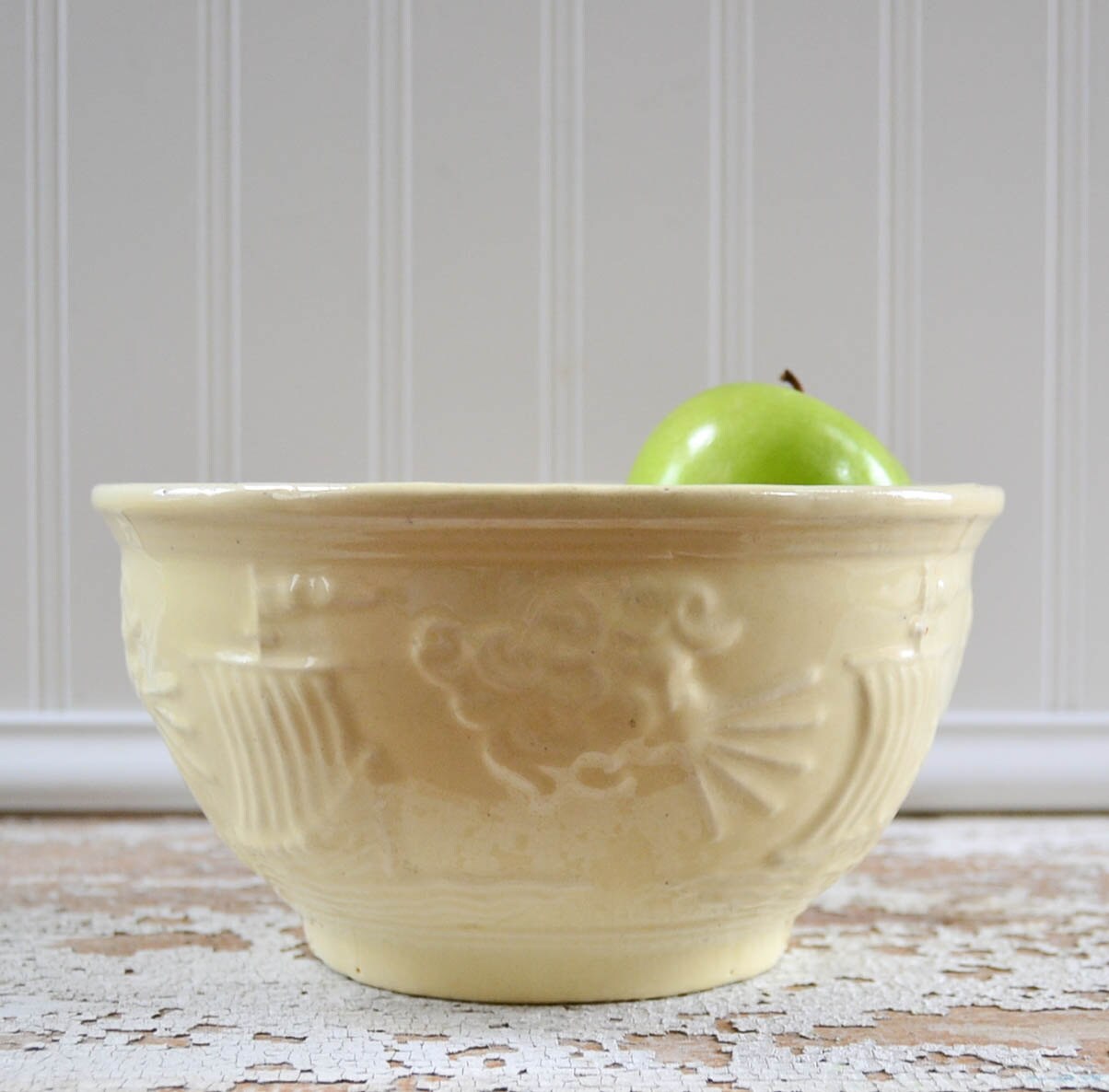 Vintage Crock Mixing Bowl in Yellow Cream with Ship Scene