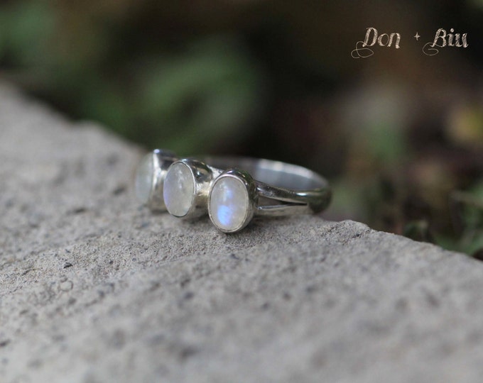 Triple, Moonstone Ring, Statement Personalized, Moonstone, Ring, Rainbow Moonstone, Gemstone, Gypsy, 925 Sterling Silver, Ring, Boho Chic