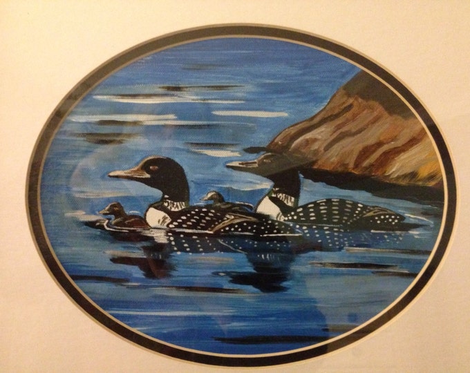 Loon Family - Acrylic painting on Canvas - oval matte, 12 x 14 wood frame