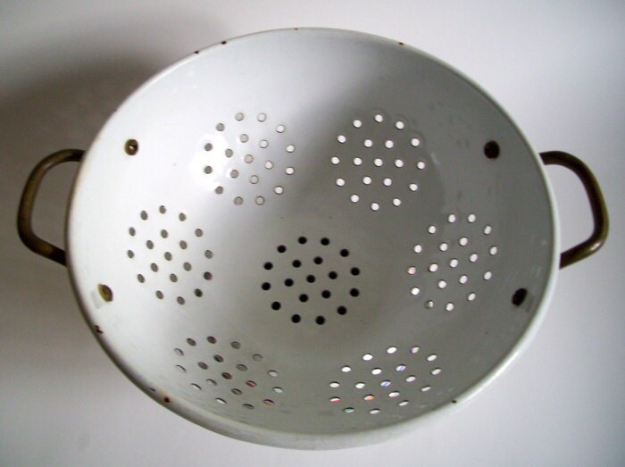 Vintage Kitchenware White Enamel Colander with Colorful