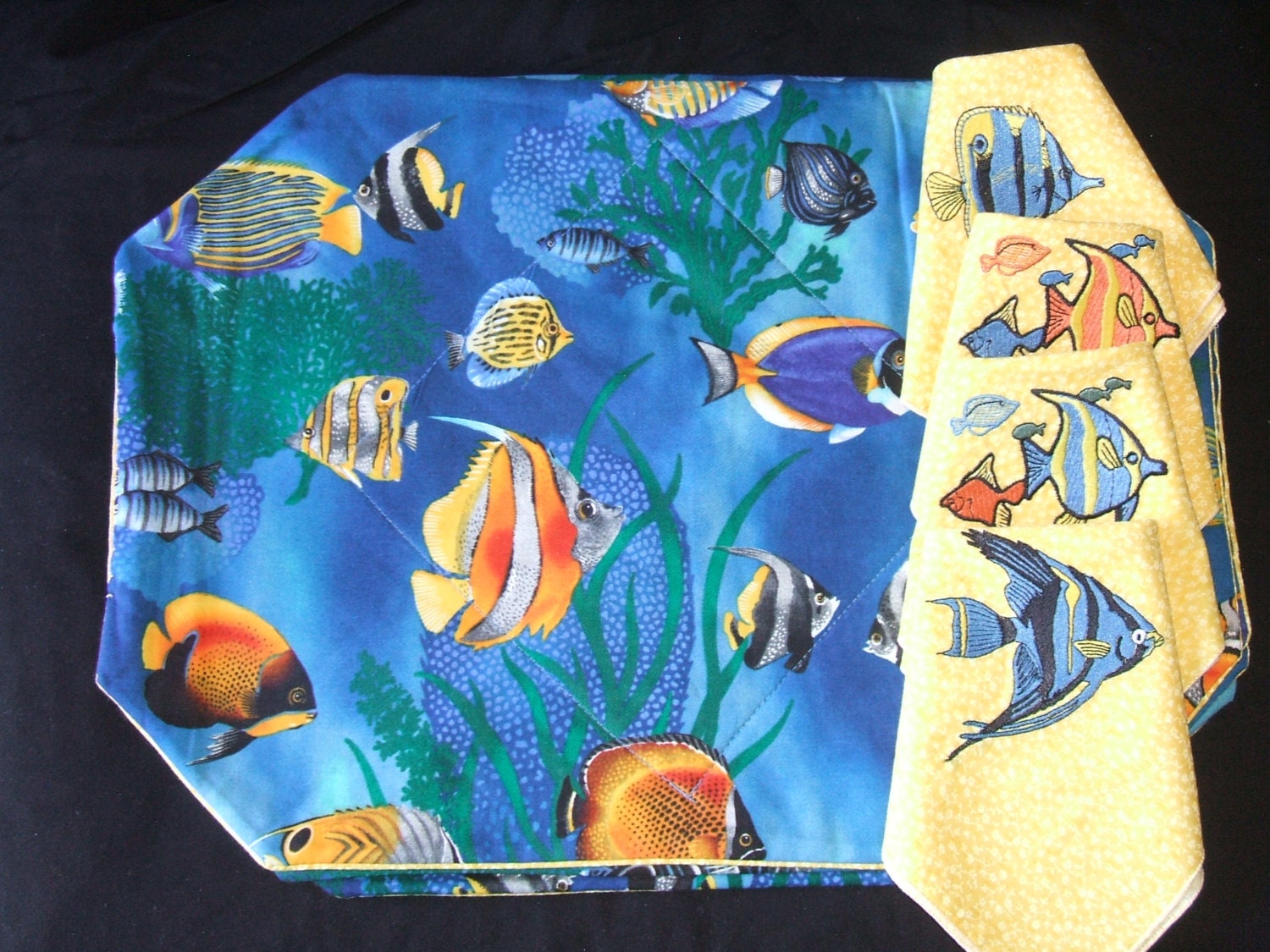 Items similar to Set of 4 Tropical Fish Placemats & Embroidered Napkins