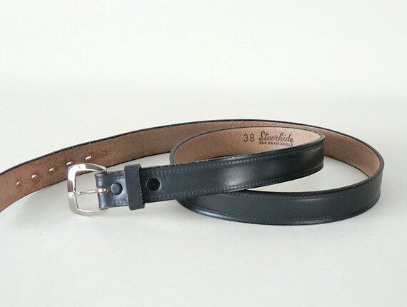 Mens 1980s Size 38 Vintage Narrow Charcoal Gray Leather Belt