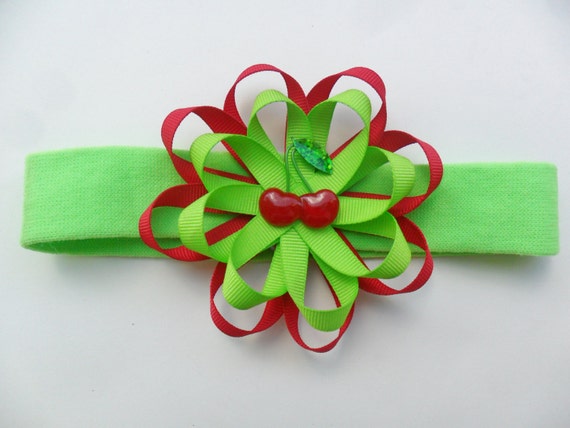 Girl Headband, Cherry Hair Bow, Cherry Headband, Lime Green Headband,  Red Cherry Hair Bow, Summer Headband, Red and Lime Green Hair Bows