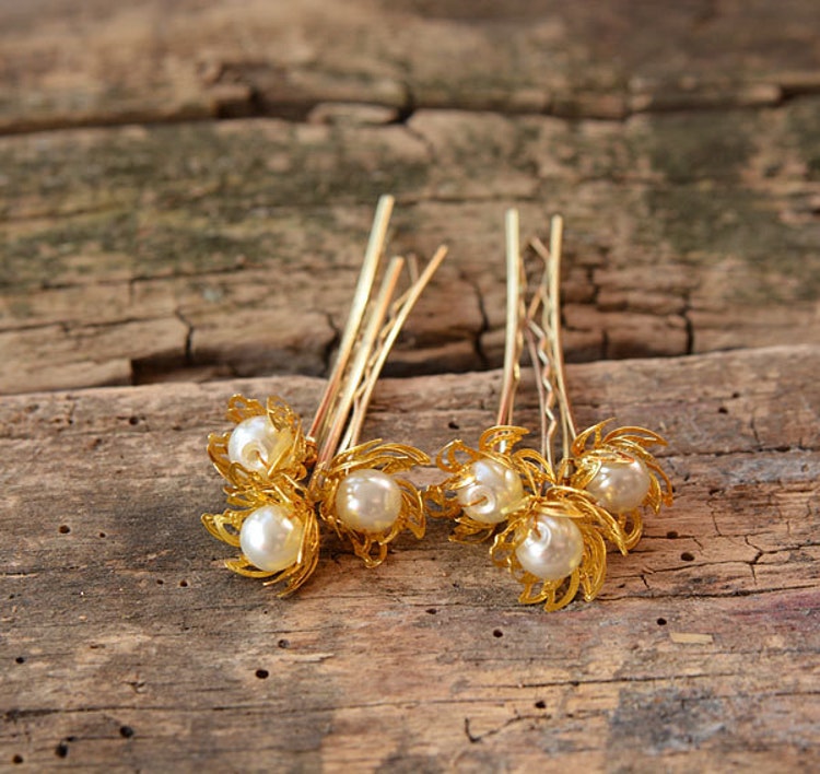 Pearl Wedding Hair Pins Gold And Pearl Hair Pins By Adbrdal