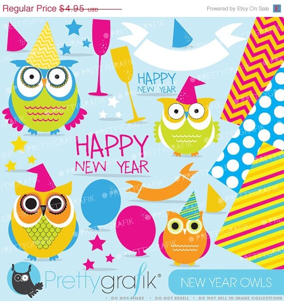 80% OFF SALE New Year Owls clipart commercial use, vector graphics, digital clip art, digital images - CL622 Il_570xn