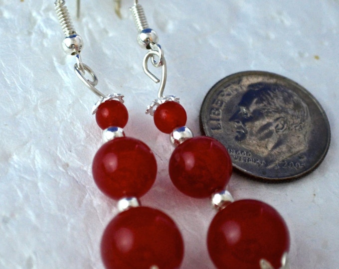 Ruby Gembead Earrings, 2" long, 10, 6 & 4mm Round Beads, Natural, Sterling Silver E245