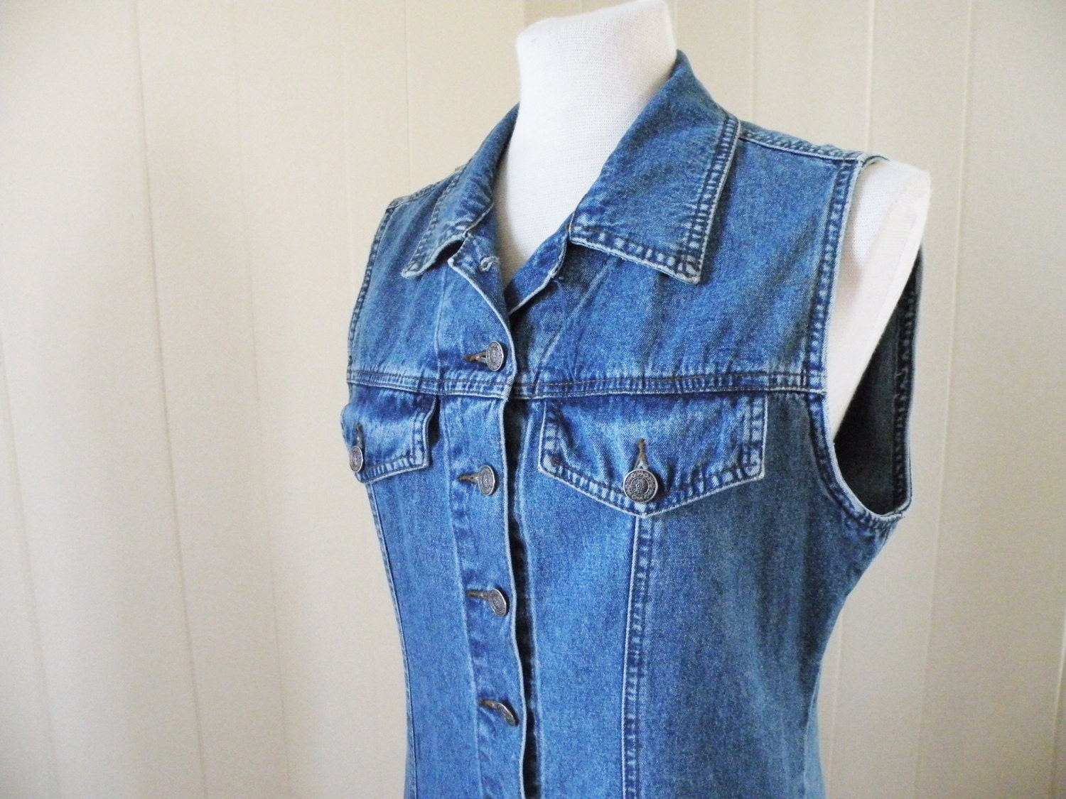 Long Blue Jean Denim Sleeveless Jumper Dress Hippie Biker