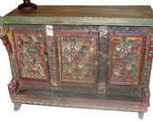 indian damchia Antique Jaipur Colorful Floral Sideboard Buffet Chest red green patina india furniture