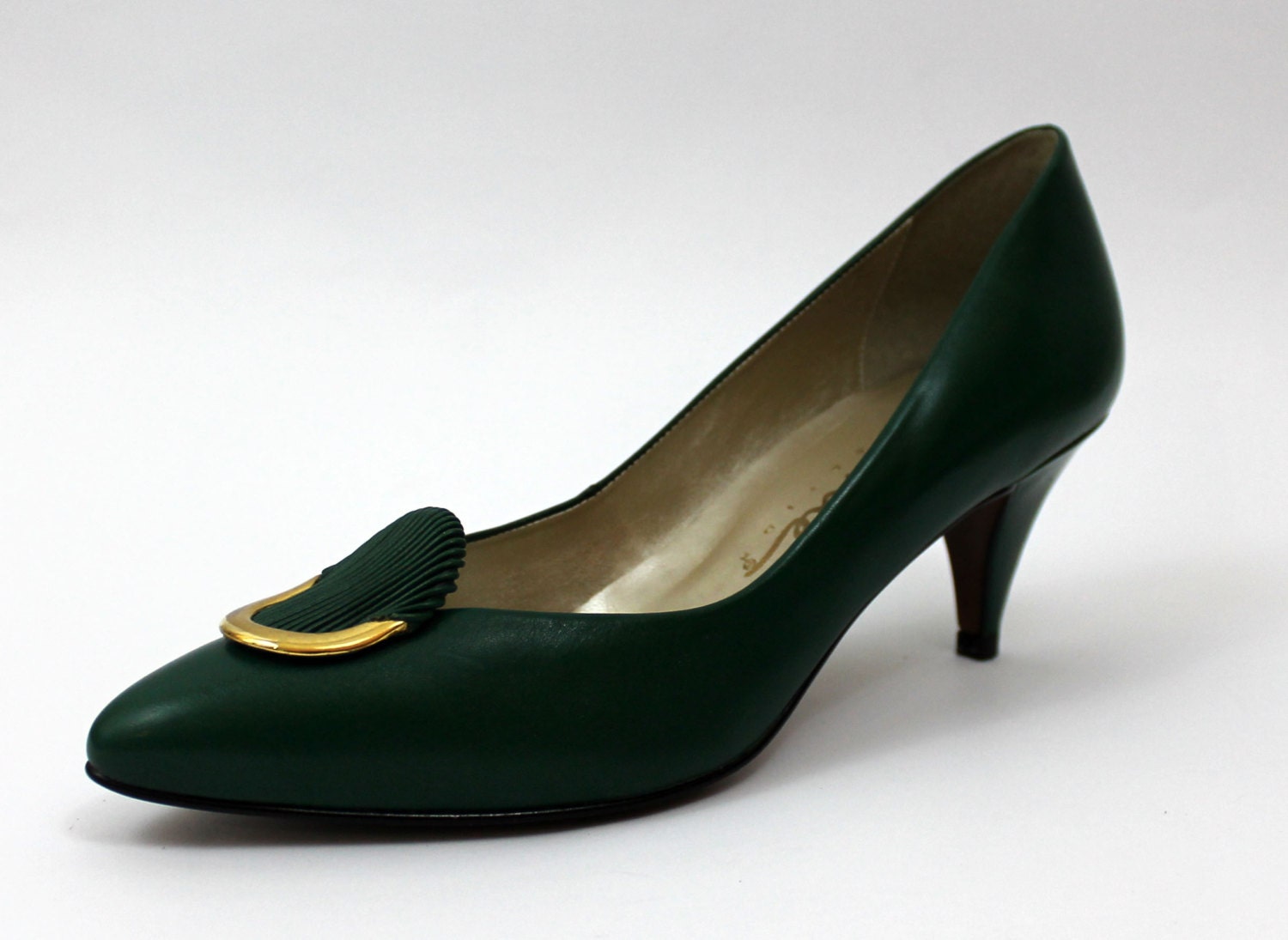 Vtg Connie Collection Leather Heels Green Gold Shell 80s