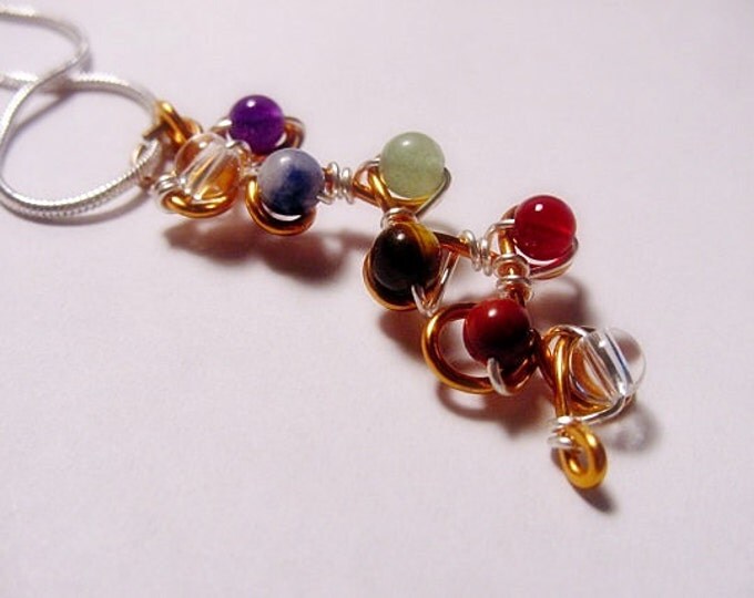 7 Chakra Tree Copper Pendant Necklace , Copper Wire Wrapped Gemstones, Reiki Pendant, Healing Pendant, Free Shipping, Gift Idea