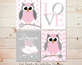 Nursery wall art Owl nursery decor Kids decor Kids wall art Dream big print Pink gray nursery art prints Baby girl nursery artwork #0822