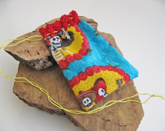 Dia de los Muertos Drawstring Pouch with Hand Crocheted Lace, Neck Pouch, Ancestors Pouch, Day of the Dead Trinket Bag