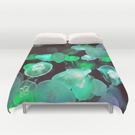 Duvet Cover Green Moon Jellyfish Nautical Ocean by NatureCity