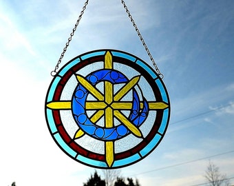 Custom Made Stained Glass Round Hanging Suncatcher Panel of School Letter