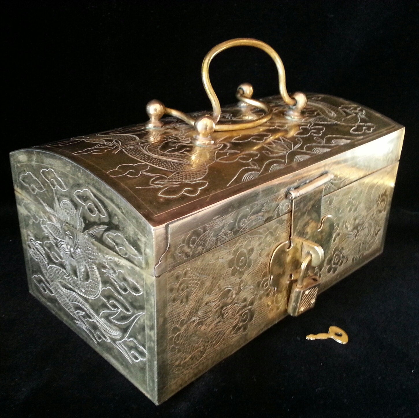 Antique Locking Safe Brass Chinese Jewelry Box Asian Oriental