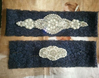 Wedding Garter Set - Pearl and Rhinestone Garter Set on a Navy Blue Lace Garter Set - Style G20700