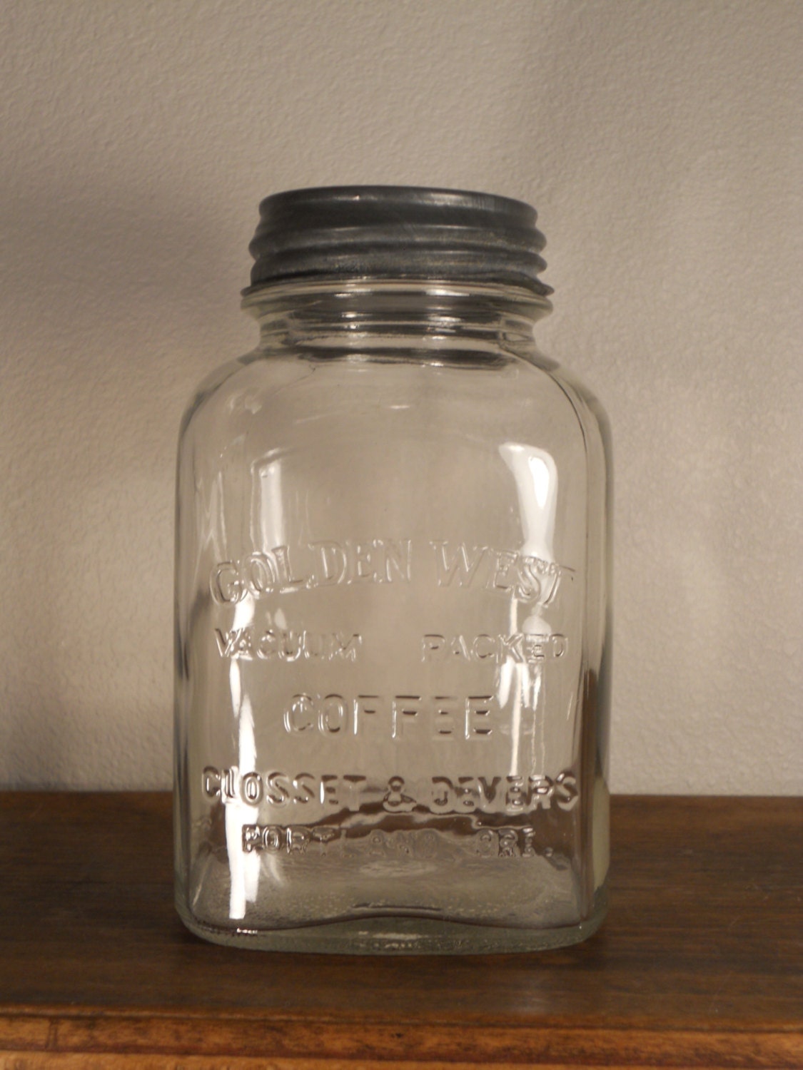 Antique Clear Glass Square Coffee Jar Golden by simplefolksue