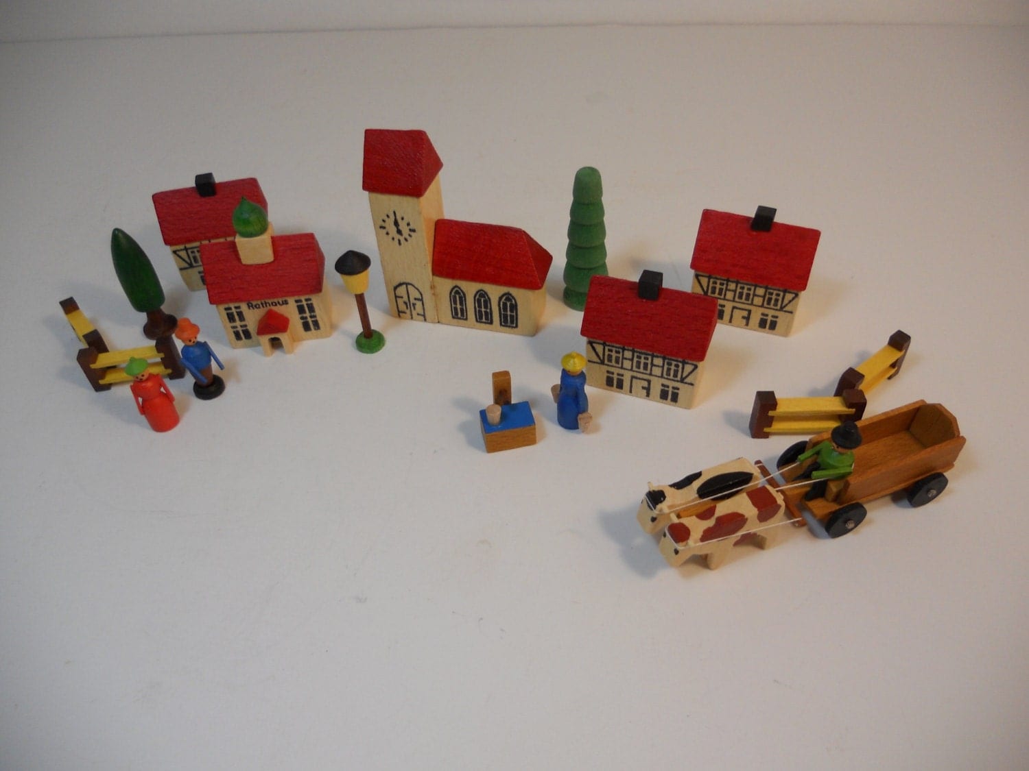 Vintage German Wood Toy Village Set 17 Pieces