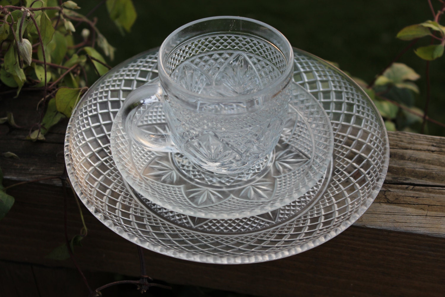 Vintage clear glass dinnerware cut glass plates cups saucer