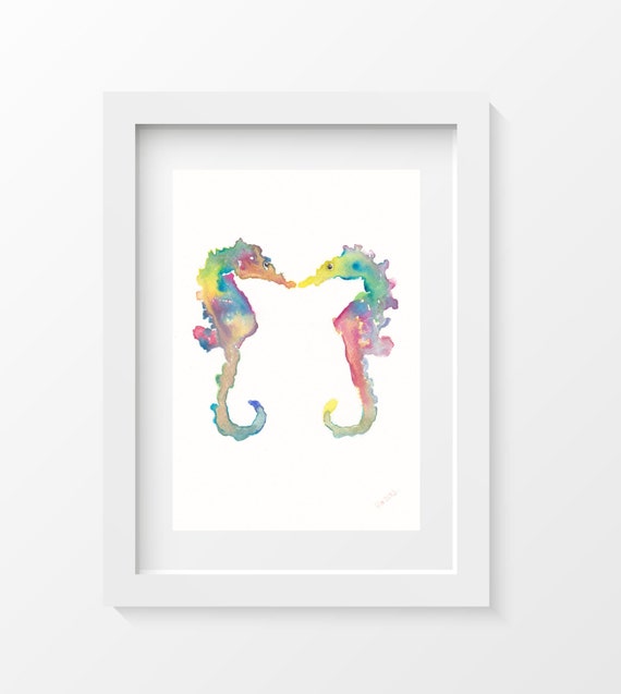 Rainbow Seahorses, Watercolor Painting, Art Print  Watercolor Print