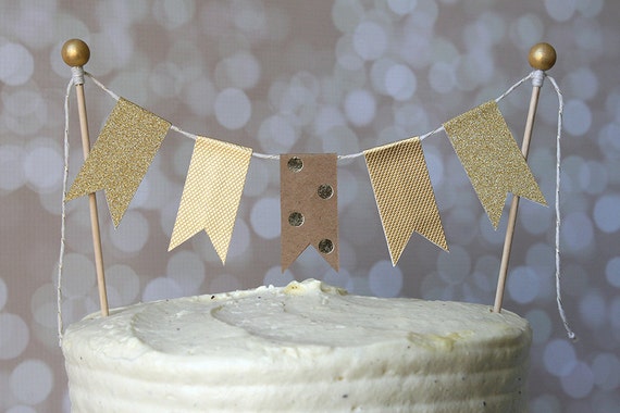 Gold & Kraft Polka Dot Cake Bunting Pennant Flag Cake Topper-MANY Colors to Choose From!  Birthday, Wedding, Shower Cake Topper