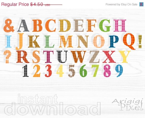 WEEKEND SALE 50% OFF alphabet clip art set , gingham alpha clipart, warm fall colors, letter and numbers, commercial use digital elements, i Il_570xn