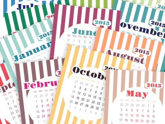 Printable calendar 2015, monthly calendar, white circler, striped background, letter size, DIY, instant download, 8.5"x11" PDF files Il_570xn