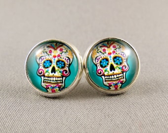 Stud Earrings Glass Cabochon - Blue Sugar Skull