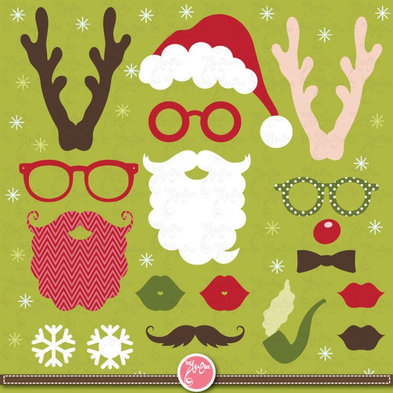 Christmas Photo Booth ClipArt "CHRISTMAS CLIP ART"set, Spectacles, Rudolph Antlers, Santa Hat, Lips, Beard, Mustache ,Card, Invitaion Cm025 Il_570xn